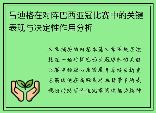 吕迪格在对阵巴西亚冠比赛中的关键表现与决定性作用分析