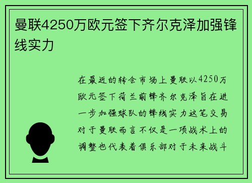曼联4250万欧元签下齐尔克泽加强锋线实力